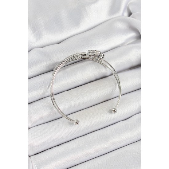 Pirinç Gümüş Renk Zirkon Taşlı Yonca Model 2'li Kadın Bileklik - TJ-BB7063