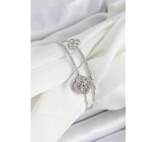 Pirinç Gümüş Renk Zirkon Taşlı Yonca Model 2'li Kadın Bileklik - TJ-BB7063