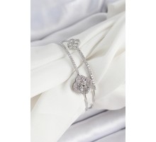Pirinç Gümüş Renk Zirkon Taşlı Yonca Model 2'li Kadın Bileklik - TJ-BB7063