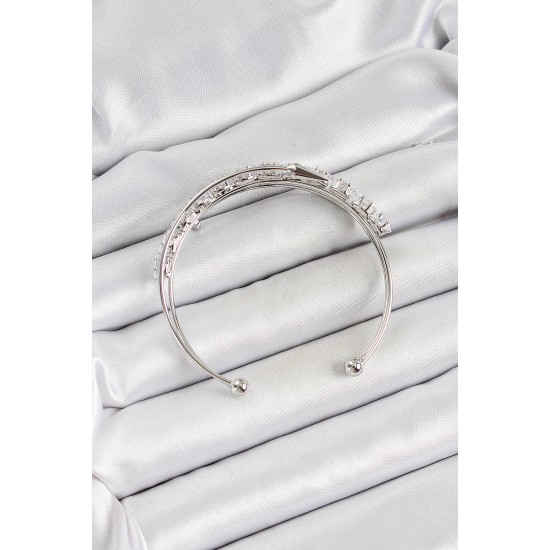 Pirinç Gümüş Renk Arpa Zirkon Taşlı Kadın Bileklik - TJ-BB7064