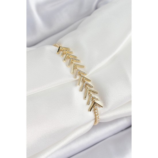 Pirinç Gold Renk Zirkon Taşlı Balık Sırtı Kadın Bileklik - TJ-BB7068