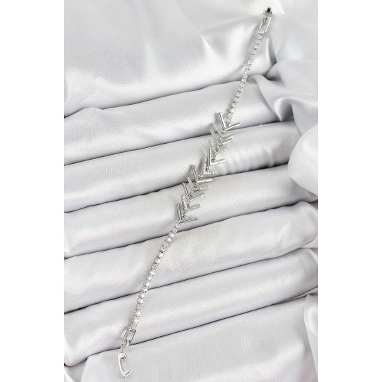 Pirinç Gümüş Renk Zirkon Taşlı Balık Sırtı Kadın Bileklik - TJ-BB7069