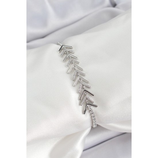 Pirinç Gümüş Renk Zirkon Taşlı Balık Sırtı Kadın Bileklik - TJ-BB7069