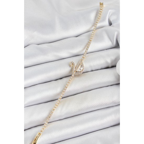 Pirinç Gold Renk Zirkon Taşlı Kuğu Model Kadın Bileklik - TJ-BB7072