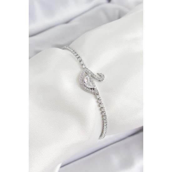 Pirinç Gümüş Renk Zirkon Taşlı Kuğu Model Kadın Bileklik - TJ-BB7073