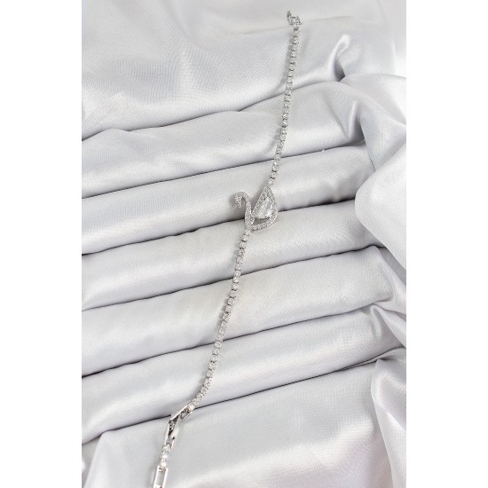 Pirinç Gümüş Renk Zirkon Taşlı Kuğu Model Kadın Bileklik - TJ-BB7073