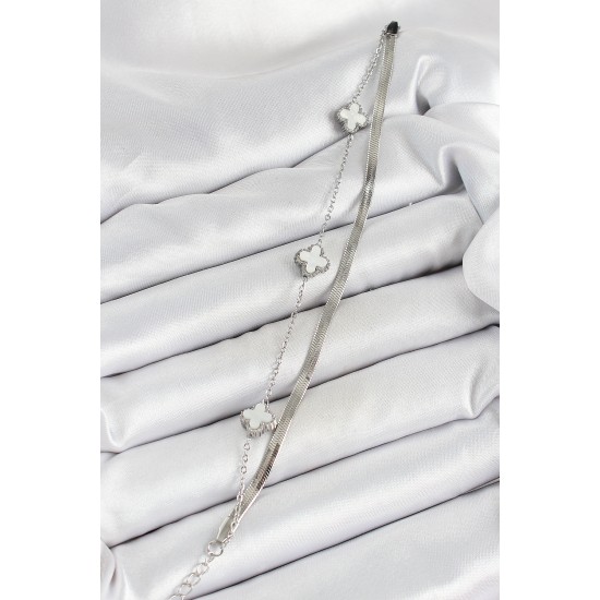 316L Çelik Gümüş Renk Beyaz Yoncalı 2'li Kadın Bileklik - TJ-BB7078