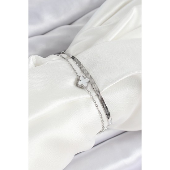 316L Çelik Gümüş Renk Beyaz Yoncalı 2'li Kadın Bileklik - TJ-BB7078