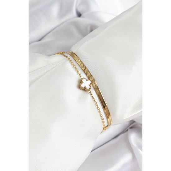 316L Çelik Gold Renk Beyaz Yoncalı 2'li Kadın Bileklik - TJ-BB7079