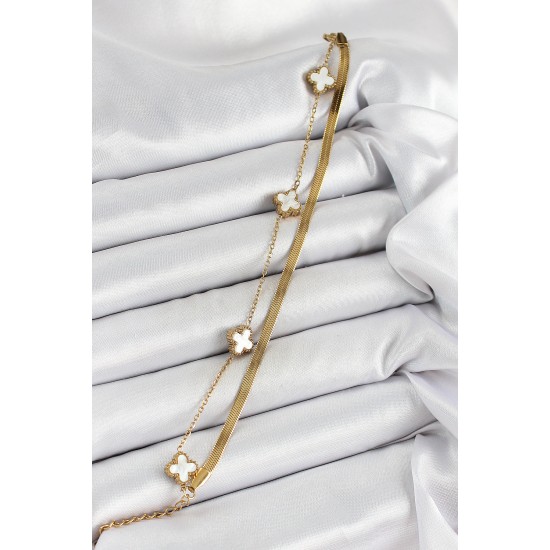 316L Çelik Gold Renk Beyaz Yoncalı 2'li Kadın Bileklik - TJ-BB7079