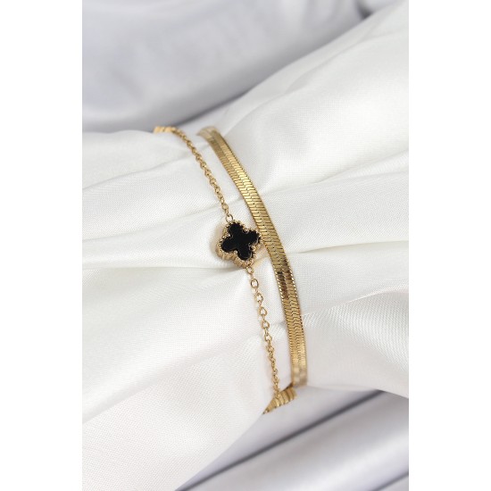 316L Çelik Gold Renk Siyah Yoncalı İtalyan Zincirli 2'li Kadın Bileklik - TJ-BB7080