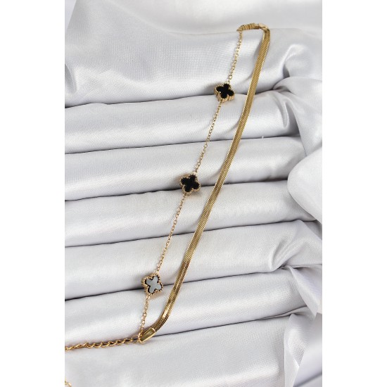 316L Çelik Gold Renk Siyah Yoncalı İtalyan Zincirli 2'li Kadın Bileklik - TJ-BB7080