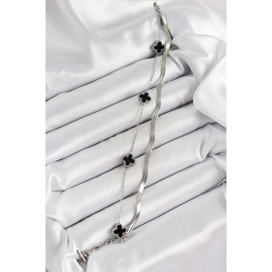 316L Çelik Gümüş Renk Siyah Yoncalı İtalyan Zincirli 2'li Kadın Bileklik - TJ-BB7081