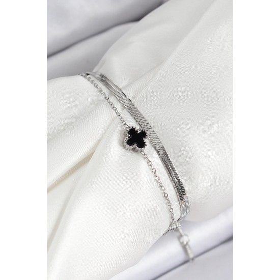 316L Çelik Gümüş Renk Siyah Yoncalı İtalyan Zincirli 2'li Kadın Bileklik - TJ-BB7081