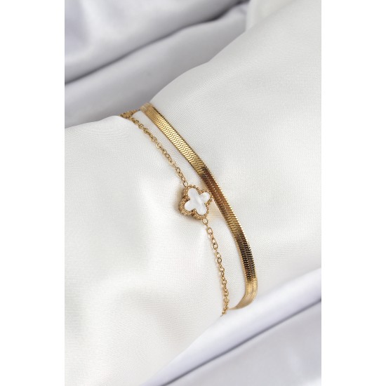 316L Çelik Gold Renk Siyah ve Beyaz Yoncalı İtalyan Zincirli 2'li Kadın Bileklik - TJ-BB7082