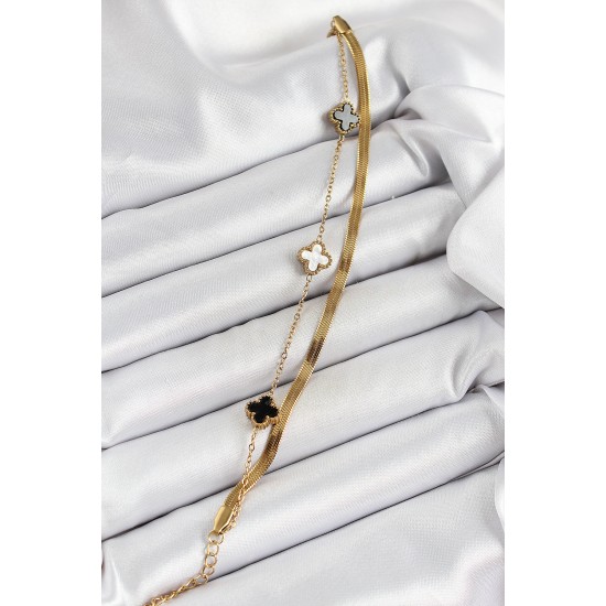 316L Çelik Gold Renk Siyah ve Beyaz Yoncalı İtalyan Zincirli 2'li Kadın Bileklik - TJ-BB7082