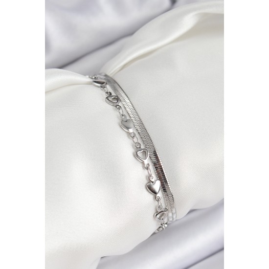 316L Çelik Gümüş Renk Kalpli Zincir ve İtalyan Zincirli 2'li Kadın Bileklik - TJ-BB7083