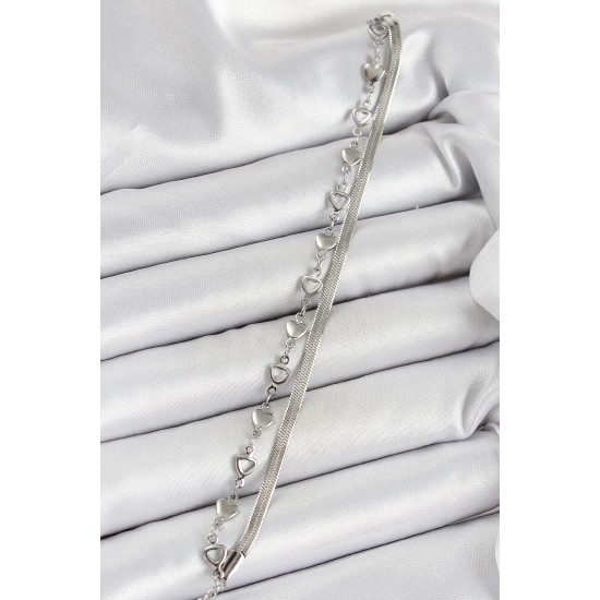 316L Çelik Gümüş Renk Kalpli Zincir ve İtalyan Zincirli 2'li Kadın Bileklik - TJ-BB7083