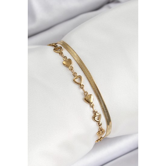 316L Çelik Gold Renk Kalpli Zincir ve İtalyan Zincirli 2'li Kadın Bileklik - TJ-BB7084