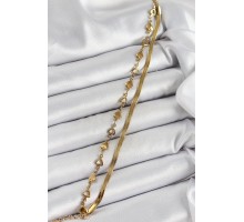 316L Çelik Gold Renk Kalpli Zincir ve İtalyan Zincirli 2'li Kadın Bileklik - TJ-BB7084