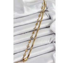 316L Çelik Gold Renk Kalpli Zincir ve İtalyan Zincirli 2'li Kadın Bileklik - TJ-BB7084