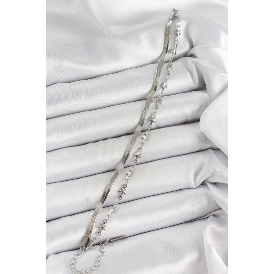 316L Çelik Gümüş Renk Yıldız Zincir ve İtalyan Zincirli 2'li Kadın Bileklik - TJ-BB7087