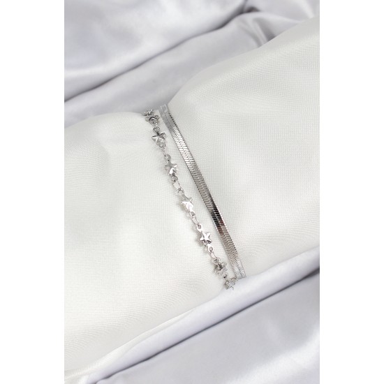 316L Çelik Gümüş Renk Yıldız Zincir ve İtalyan Zincirli 2'li Kadın Bileklik - TJ-BB7087