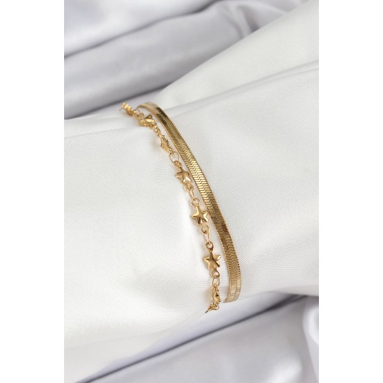 316L Çelik Gold Renk Yıldız Zincir ve İtalyan Zincirli 2'li Kadın Bileklik - TJ-BB7088