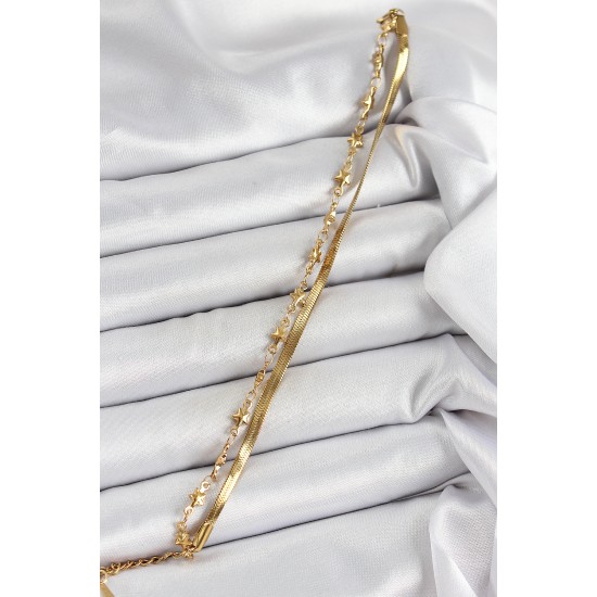 316L Çelik Gold Renk Yıldız Zincir ve İtalyan Zincirli 2'li Kadın Bileklik - TJ-BB7088