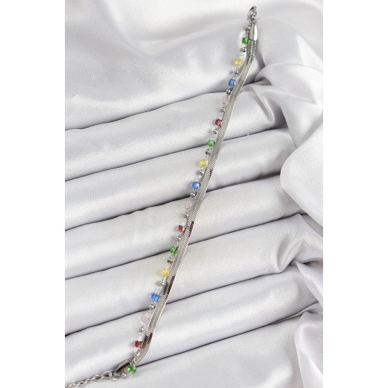 316L Çelik Gümüş Renk Karışık Renkli Kristal Taşlı Kadın Bileklik - TJ-BB7089