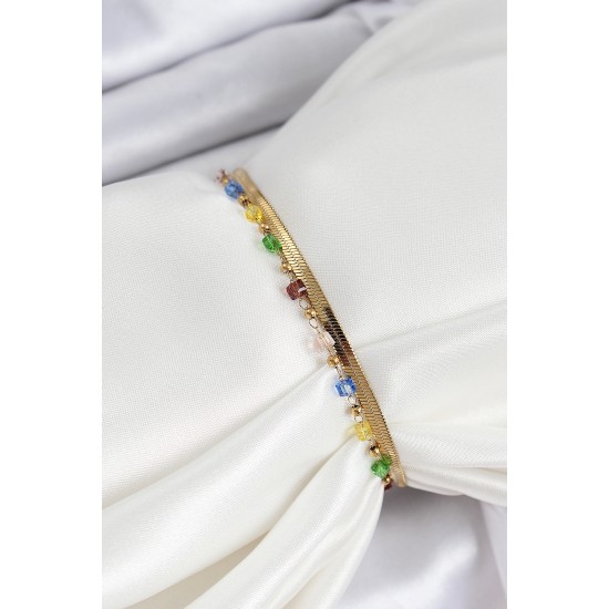 316L Çelik Gold Renk Karışık Renkli Kristal Taşlı Kadın Bileklik - TJ-BB7090