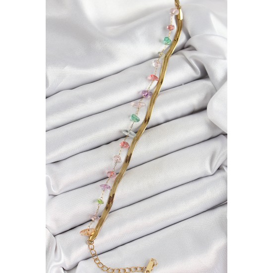 316L Çelik Gold Renk Kristal Karışık Renkli Taşlı Kadın Bileklik - TJ-BB7091