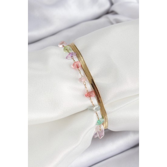 316L Çelik Gold Renk Kristal Karışık Renkli Taşlı Kadın Bileklik - TJ-BB7091