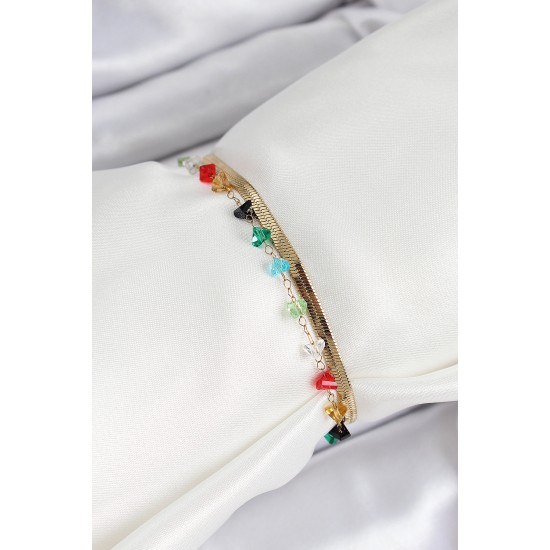 316L Çelik Gold Renk Kristal Karışık Renkli Taşlı 2'li Kadın Bileklik - TJ-BB7092