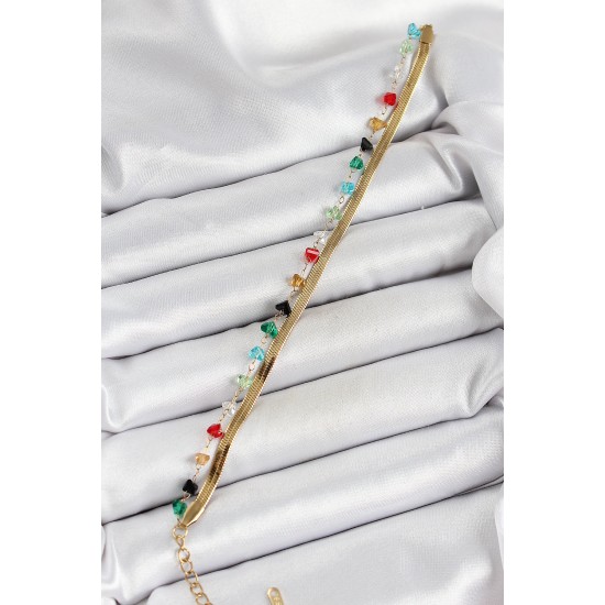 316L Çelik Gold Renk Kristal Karışık Renkli Taşlı 2'li Kadın Bileklik - TJ-BB7092