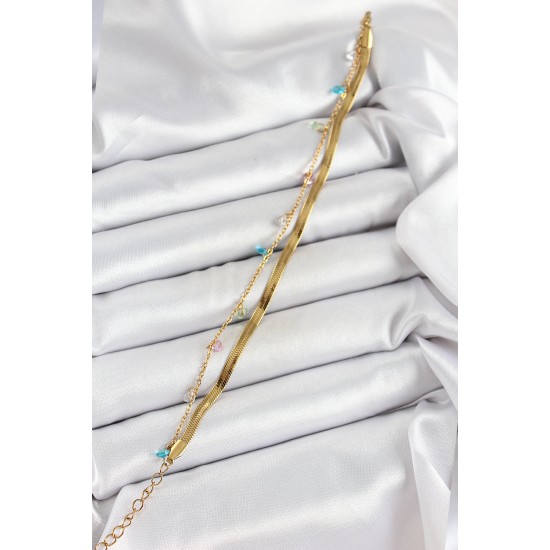 316L Çelik Gold Renk Karışık Renkli Kristal Taşlı 2'li Kadın Bileklik - TJ-BB7093