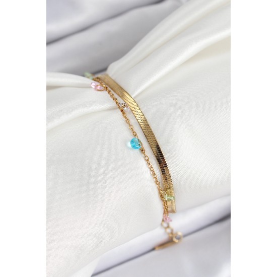 316L Çelik Gold Renk Karışık Renkli Kristal Taşlı 2'li Kadın Bileklik - TJ-BB7093