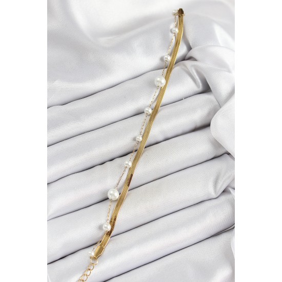 316L Çelik Gold Renk İncili ve İtalyan Zincirli Kadın Bileklik - TJ-BB7094