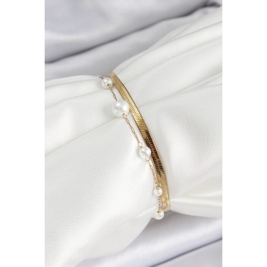 316L Çelik Gold Renk İncili ve İtalyan Zincirli Kadın Bileklik - TJ-BB7094