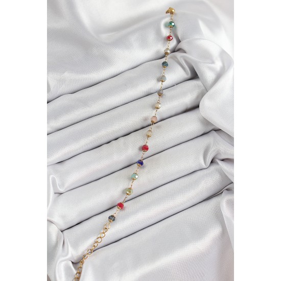 316L Çelik Gold Renk Zincirli Mix Renk Kristal Taşlı Kadın Bileklik - TJ-BB7095