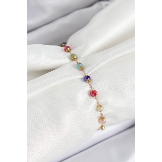 316L Çelik Gold Renk Zincirli Mix Renk Kristal Taşlı Kadın Bileklik - TJ-BB7095