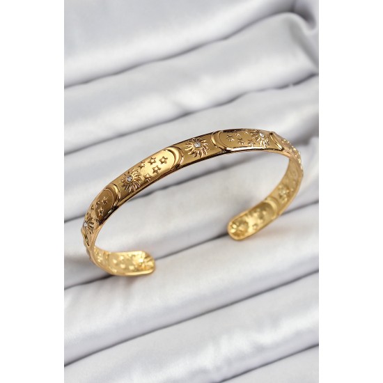 Pirinç Gold Renk İşlemeli Altı Açık Bileklik - TJ-BB7187