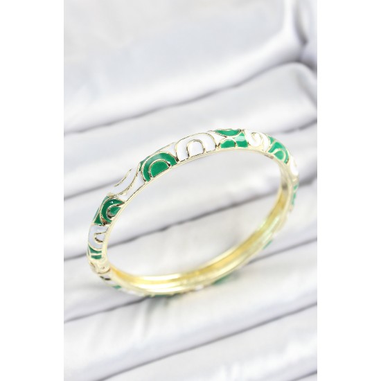 Mineli Pirinç Yeşil Beyaz Sarmal Desenli Gold Renk Kadın Kelepçe - TJ-BB7101