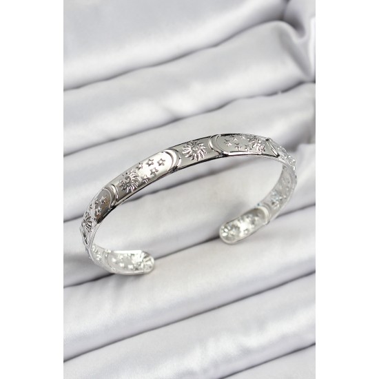 Pirinç Gümüş Renk İşlemeli Altı Açık Bileklik - TJ-BB7186