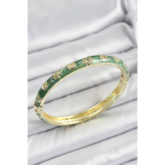 Mineli Pirinç Yaldızlı Yeşil Motif Desenli Kadın Kelepçe - TJ-BB7184