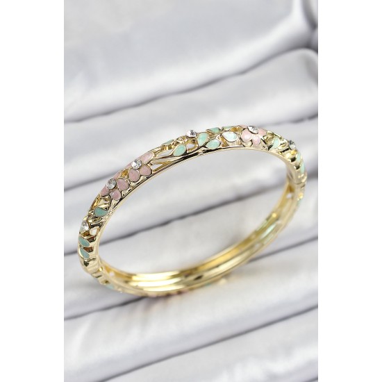 Mineli Pirinç Pembe Yeşil Çiçek Desenli Zirkon Taşlı Kadın Kelepçe - TJ-BB7177