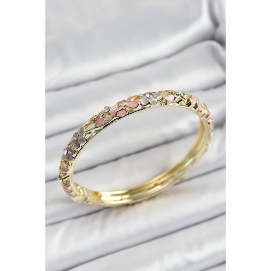 Mineli Pirinç Gold Renk Pembe Çiçek Motifli Kadın Kelepçe - TJ-BB7175