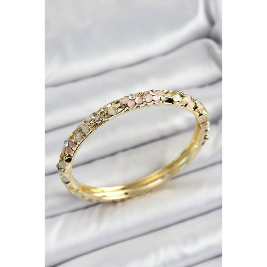 Mineli Pirinç Pembe Krem Çiçek Motifli Kadın Kelepçe - TJ-BB7174