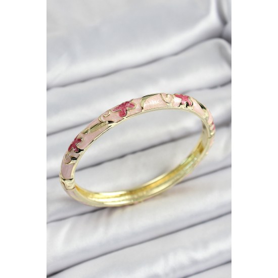 Mineli Pirinç Pembe Çiçek Motifli Kadın Kelepçe - TJ-BB7172