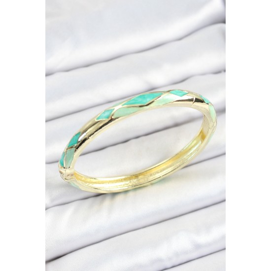 Mineli Pirinç Turkuaz Yeşil Baklava Desenli Gold Renk Kadın Kelepçe - TJ-BB7116